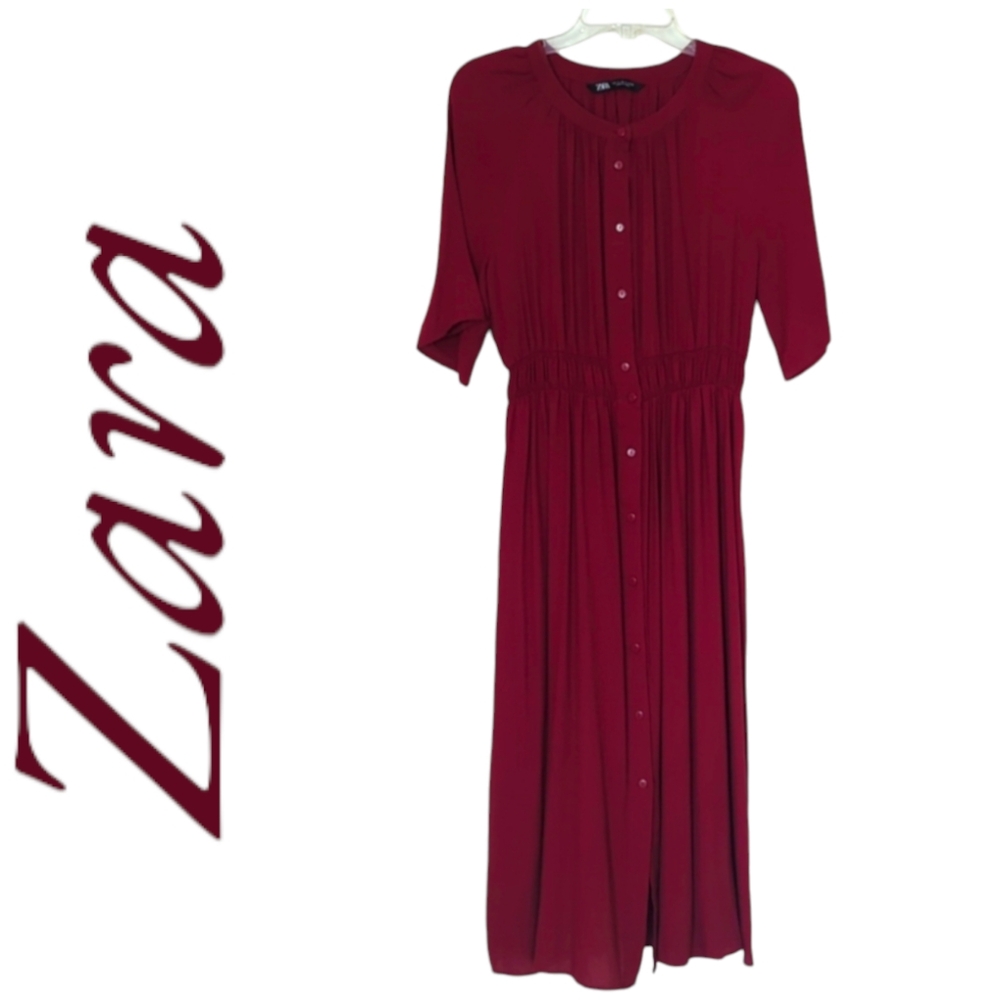Zara Cranberry Button Front Accent Waist Dress Sm… - image 1